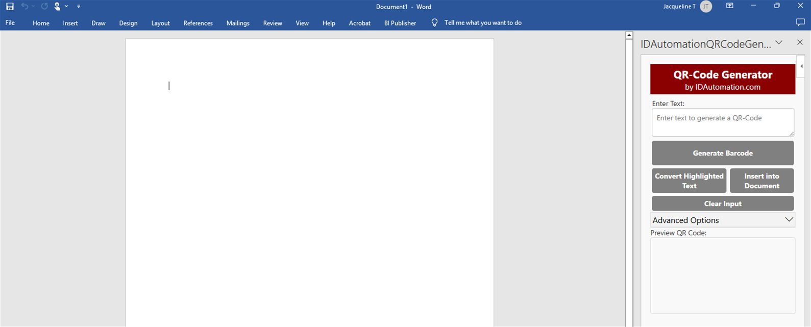 Click the IDAutomation logo in the ribbon to open the Task Pane. 